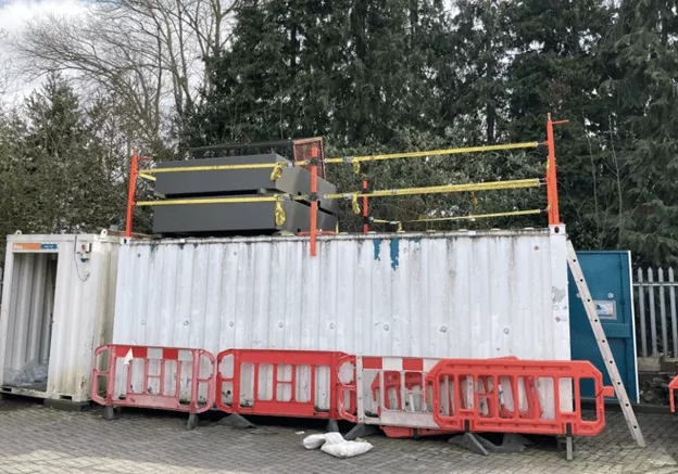 A Maritime shipping container with installed ConCEPS ensuring safety from working at heights.